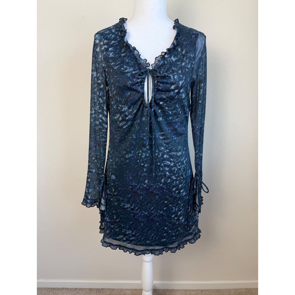 Stitch&Pine Mesh Mini Dress M Blue Ruffle Keyhole Bell Sleeve Abstract Cocktail
